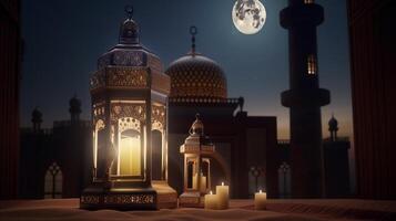 ramadan kareem hälsning kort. arabicum lyktor, måne och moské på natt. ai genererad konstverk foto