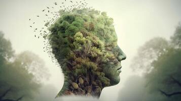 konceptuell bild av en mänsklig huvud med färgrik hjärna och höst löv. mental hälsa begrepp ai genererad konstverk foto