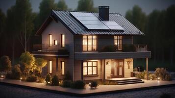 3d tolkning av en hus med sol- paneler på de tak. ai genererad konstverk foto