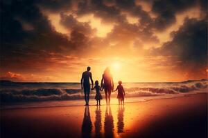 Lycklig familj med två barn promenad på solnedgång strand bred . generativ ai foto
