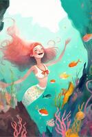 illustration av Lycklig flicka bär sjöjungfru kostym. generativ ai. foto