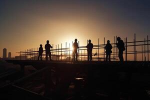 silhuetter av ingenjörer på konstruktion webbplats på solnedgång. generativ ai foto