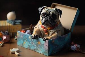 söt hund ser ut från gåva låda. sällskapsdjur som närvarande. generativ ai foto