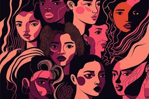 kvinna olika ansikten av annorlunda etnicitet affisch. generativ ai foto