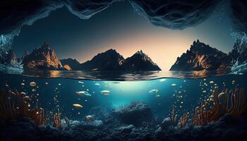 abstrakt panorama bakgrund med berg, under vattnet lampor, landskap tapet. ai genererad foto