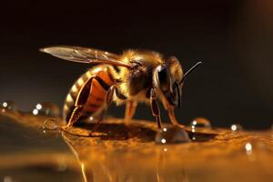 en honung bi Sammanträde på en våt yta och samlar honung. detaljerad makro honung bi med realistisk vingar. makro se av en honung bi med päls. insekt Sammanträde med vatten droppar runt om Det. generativ ai. foto