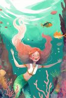 illustration av Lycklig flicka bär sjöjungfru kostym. generativ ai. foto