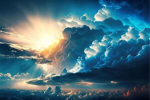 blå panorama av de himmel på solnedgång med moln och Sol. generativ ai foto