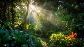 tropisk trädgård med trä- gångväg och solstrålar. ai genererad foto