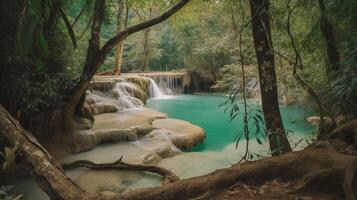 erawan vattenfall i kanchanaburi provins, thailand ai genererad foto