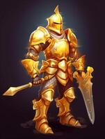 riddare i guld rustning med en svärd i hans hand ai genererad foto