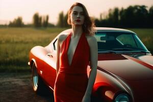 en sexig kvinna i ett elegant klänning stående Nästa till en sporter bil skapas med generativ ai teknologi. foto