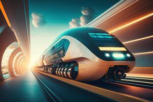 trogen modern tåg, monorail snabb körning i sci fi tunnel, koridor. begrepp av framtida ai genererad foto