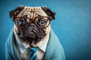 rolig mops hund bär glasögon med kostym i de blå bakgrund ai genererad foto