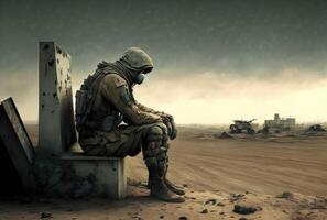 soldat på apokalyptisk landskap. generativ ai foto
