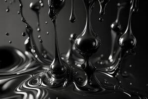 svart olja flytande - droppar och stänk, abstrakt bakgrund. generativ ai foto