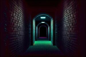 mörk natt tunnel med tegel väggar och neon belysning. generativ ai foto
