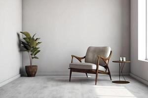 interiör av en modern levande rum med en minimalistisk fåtölj. generativ ai foto