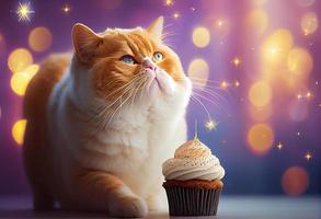 ig ingefära katt firar födelsedag med muffin på festlig bokeh bakgrund. generera ai. foto