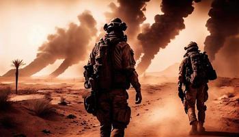 militär särskild krafter soldater går över förstörd krigszon genom brand och rök i de öken. generera ai. foto