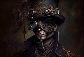 en man bär en steampunk hatt och en steampunk mask, fantasi konst, steampunk. generera ai foto