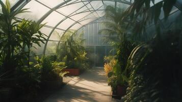generativ ai, grön hus från de glas, tält-glas trädgård med en massa av växter. fotorealistisk effekt. foto