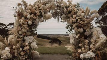 generativ ai, bröllop ceremoni boho rustik stil båge med blommor och växter, blomma buketter. foto