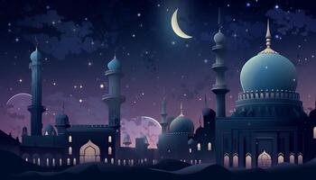 illustration av en moské, stjärnor, och ett eid mubarak hälsning, representerar de firande av tro under ramadan och eid. generativ ai foto
