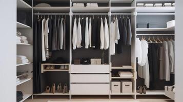 organiserad kaos, inuti en modern garderob. generativ ai foto