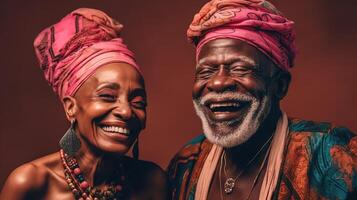 glad äldre kärlek. afrikansk par aktier skratt och lycka. generativ ai foto