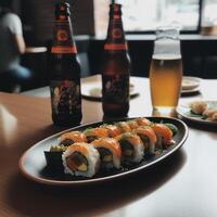 en flaska av öl Nästa till en tallrik av sushi och en flaska av öl ai generativ foto