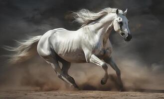 vit häst galopperande i de öken. illustration ai generativ foto
