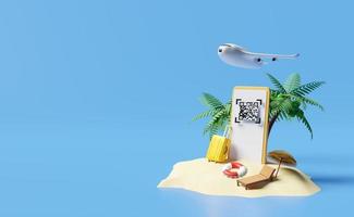 mobil telefon, smartphone med livboj, palmer, strand stol, qr koda läser in, plan, ö isolerat på blå bakgrund. uppkopplad handla, sommar resa semester begrepp, 3d illustration, 3d framställa foto