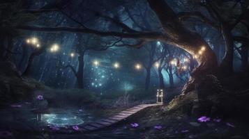 magisk fantasi fe- berättelse landskap, natt i en skog, generera ai foto