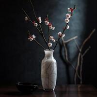 blommande rosa körsbär gren i vas på vit bakgrund skapas använder sig av generativ ai foto