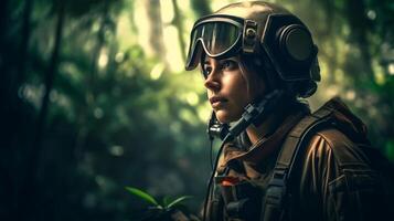 kvinnor soldat med mask och hjälm i mörk skog skapas använder sig av generativ ai foto