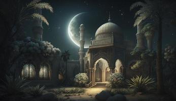 3d illustration av Fantastisk arkitektur design av muslim moské ramadan begrepp, illustration av Fantastisk arkitektur design av muslim moské ramadan begrepp, generera ai foto