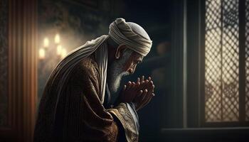 illustration av muslim man bön- i de moské skapas med ai verktyg foto