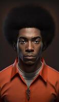 ultra realistisk 3d illustration av en svart flådd afro håriga vuxen man bär fängelse kläder med en hetero uttryck, generativ ai foto