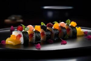 sushi på svart bakgrund. illustration ai generativ foto