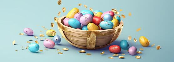 de påsk korg med färgrik ägg och en få godis, i de stil av minimalistisk bakgrunder, kanin med ägg med en låda, i de stil av mjuk Färg blandning, generativ ai foto