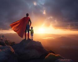 fars dag bakgrund. superhjälte far med barn. illustration ai generativ foto