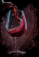 generativ ai illustration av röd vin är varelse hällde från flaska in i enkel vin glas, på en tabell med otrolig mat foto