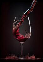 generativ ai illustration av röd vin är varelse hällde från flaska in i enkel vin glas, på en tabell med otrolig mat foto