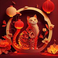 generativ ai illustration av papper skära quilling mång dimensionell kinesisk stil söt zodiaken pott katt med lyktor i bakgrund, pop- Färg, kinesisk ny år begrepp. foto