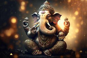 generativ ai illustration av ganesha hindu Gud , med blommor, olja målning tagen upp in i himmel, Sammanträde i främre av bokeh mandala bakgrund foto