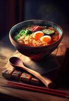 generativ ai illustration av de mest utsökt japansk Ramen, soja sås Ramen i fläsk ben buljong foto