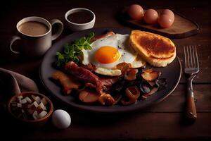 generativ ai illustration av friterad ägg och bacon och hash brunt och svart pudding och svamp och rostat bröd... foto