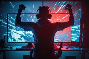 generativ ai illustration av professionell esports gamer gläds i de seger i cyber spel rum. gamer fira seger. vinnande en spel. elektronisk sporter spelare gläds seger foto