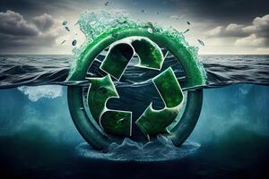 generativ ai illustration av återvinna symbol i de hav. Foto realistisk, miljö- frågor, skräp